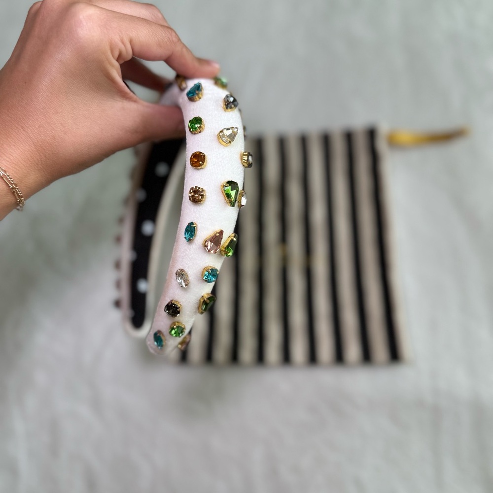 Lele Sadoughi White Velvet Alice Headband w/ Assorted Rhinestones -OS